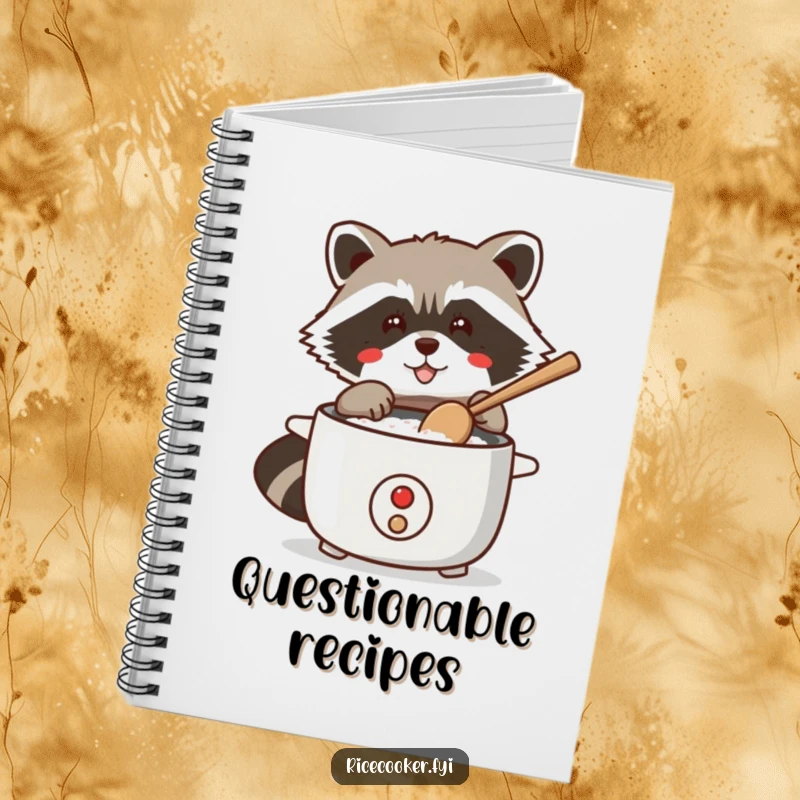 Funny notebook cover featuring a mischievous raccoon tapping a rice cooker with a wooden spoon, planning its next culinary adventure.