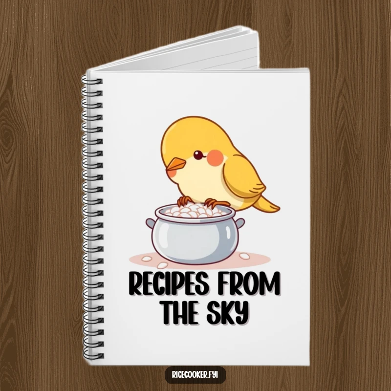 Funny determined bird tending a bubbling rice pot on a notebook cover, encouraging culinary creativity.