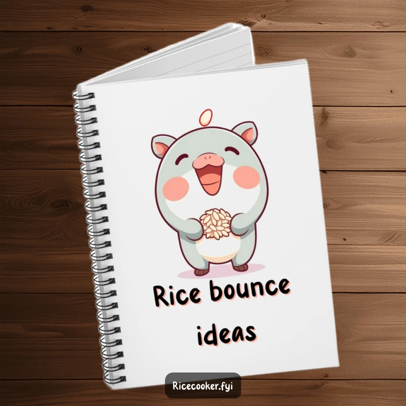 Funny Notebook with a playful character grinning while balancing a grain of rice on its spout, perfect for jotting down funny ideas.