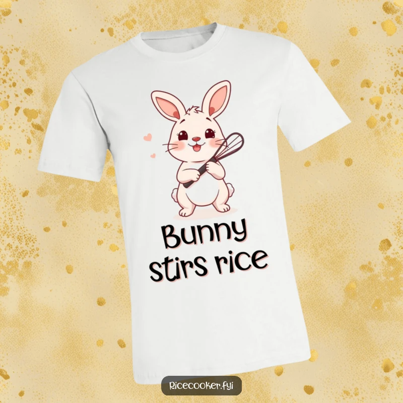 Funny bunny t-shirt depicting a playful bunny holding a small whisk, ready to stir rice, perfect for bakers.