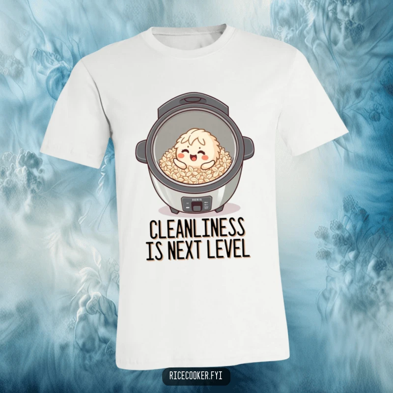 Funny giggling rice grain character rolling joyfully inside a clean cooker on a t-shirt.