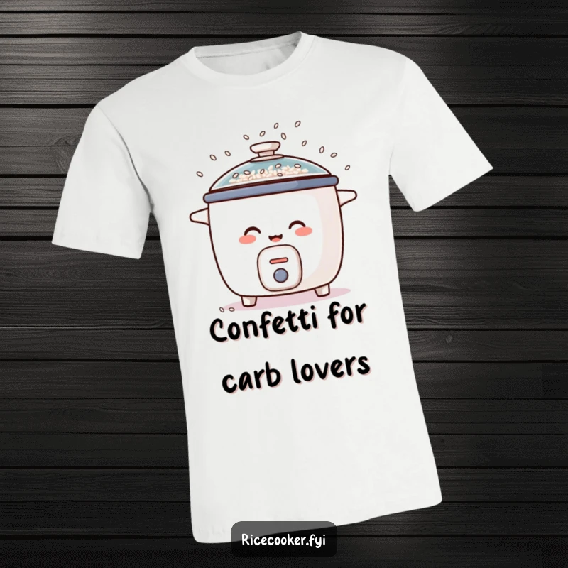 Funny t-shirt depicting a gleeful rice cooker joyfully showering rice grains like festive confetti from its open lid, a comical apparel choice.