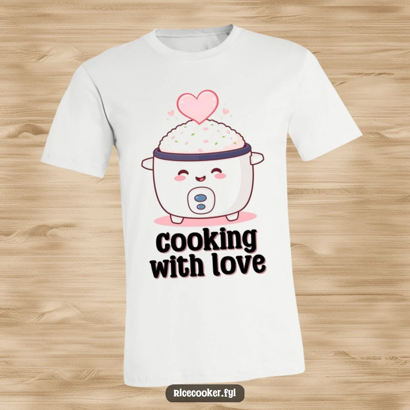 Funny t-shirt displaying a smiling rice cooker with steam forming a heart, celebrating culinary love and humor.