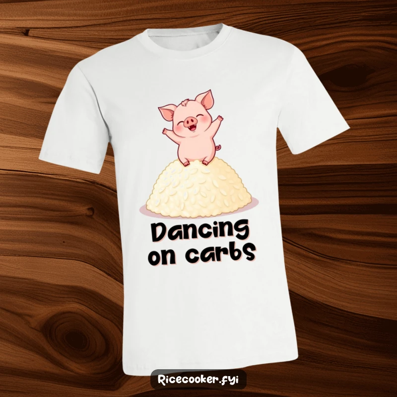 Funny pig t-shirt depicting a giggling pig dancing happily on a mound of perfectly cooked rice, embodying culinary delight.