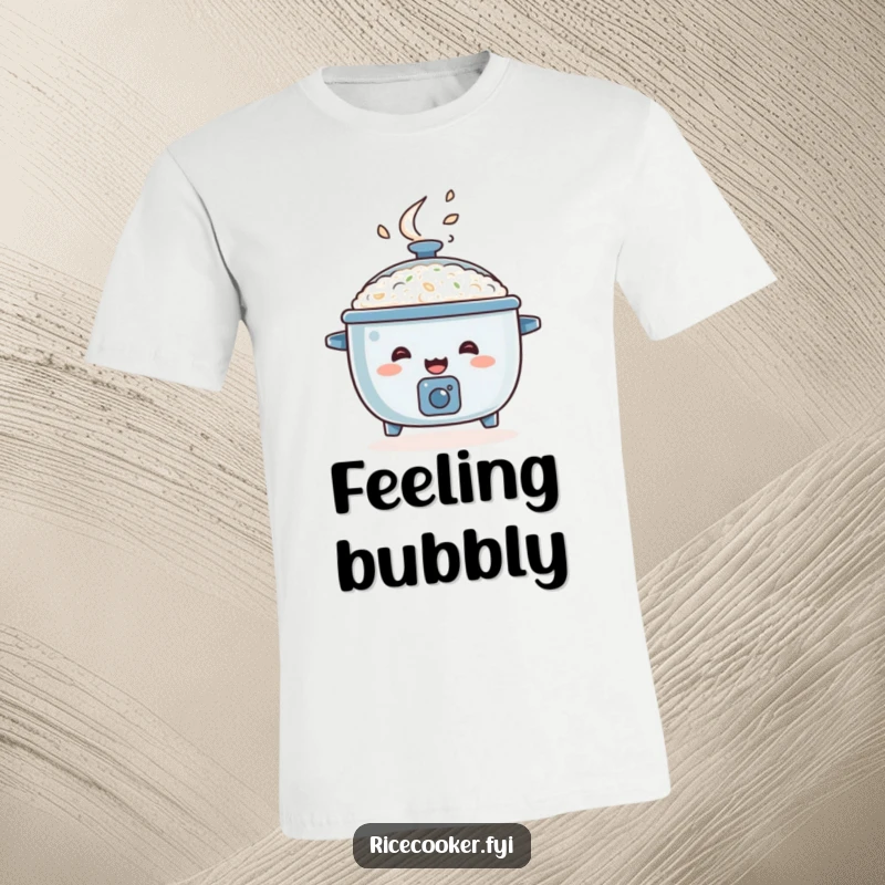 Funny rice cooker t-shirt, happy appliance character bouncing with steam, energetic kitchen apparel.