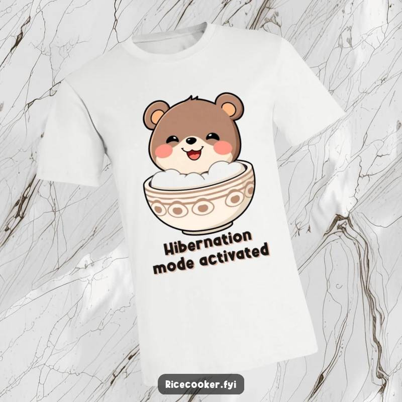 Funny bear with a wide grin popping out of a steaming bowl, printed on a comfortable and humorous t-shirt.
