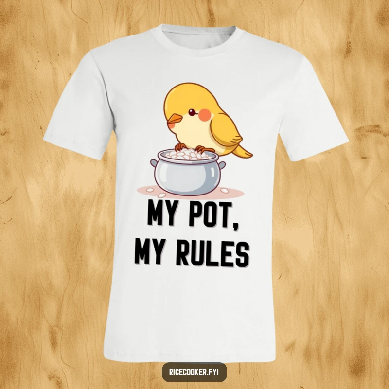 Funny determined bird meticulously tending a small, bubbling pot of rice on a T-shirt, a chef's dedication.