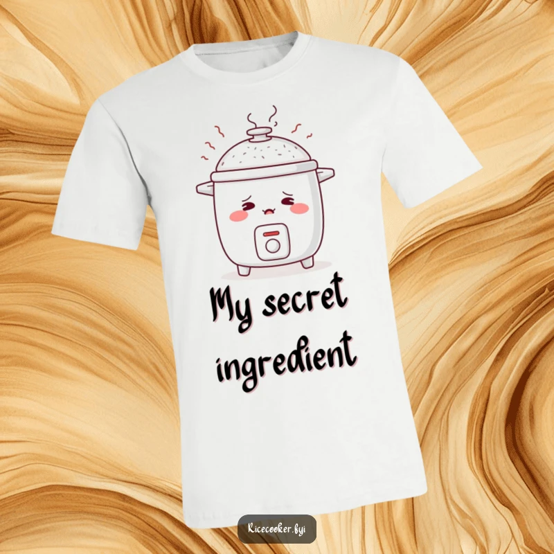 Funny t-shirt shows a bashful rice cooker with blushing cheeks and steam rising, representing shy moments with adorable humor.