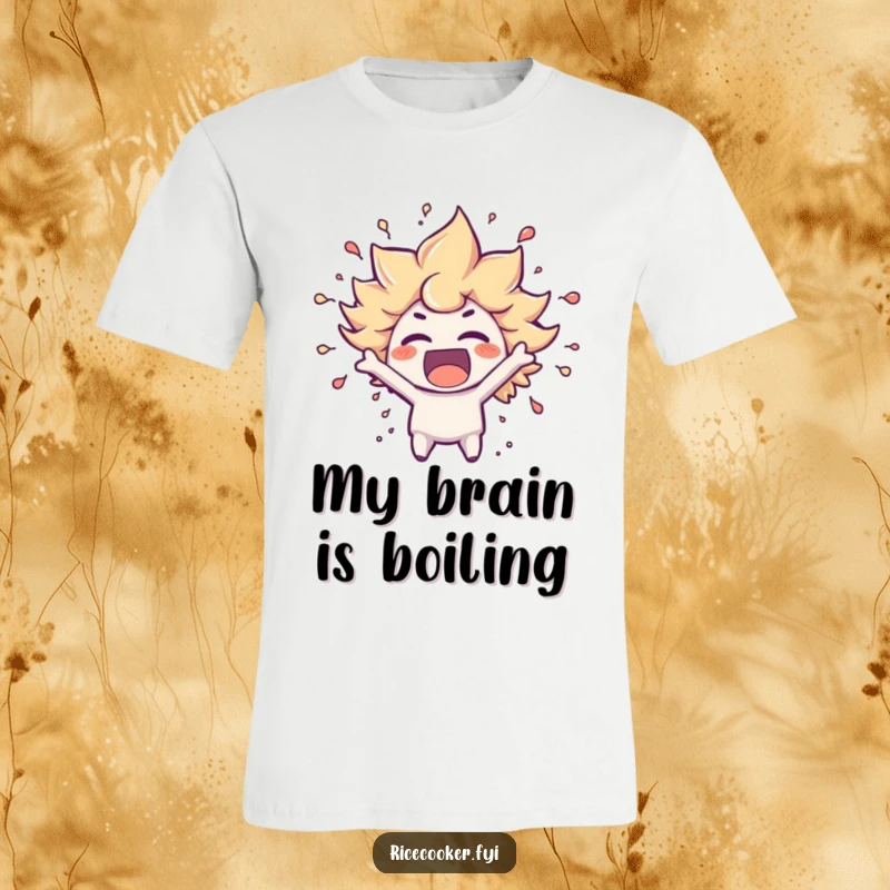 Funny t-shirt showing a character bursting with excitement, with steam effects swirling around its head, conveying pure joy and energy.