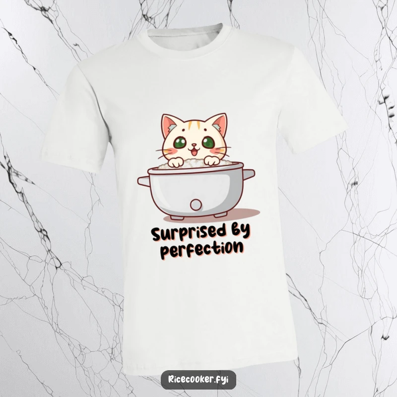 Funny surprised cat peeking over a steaming rice cooker lid, steam swirling, a hilarious pet owner tee.