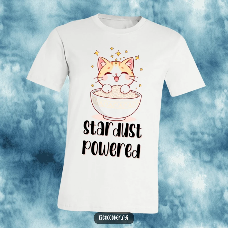 Funny t-shirt depicting a delighted cat showering a bowl of cooked rice with twinkling stars, creating a magical culinary masterpiece.