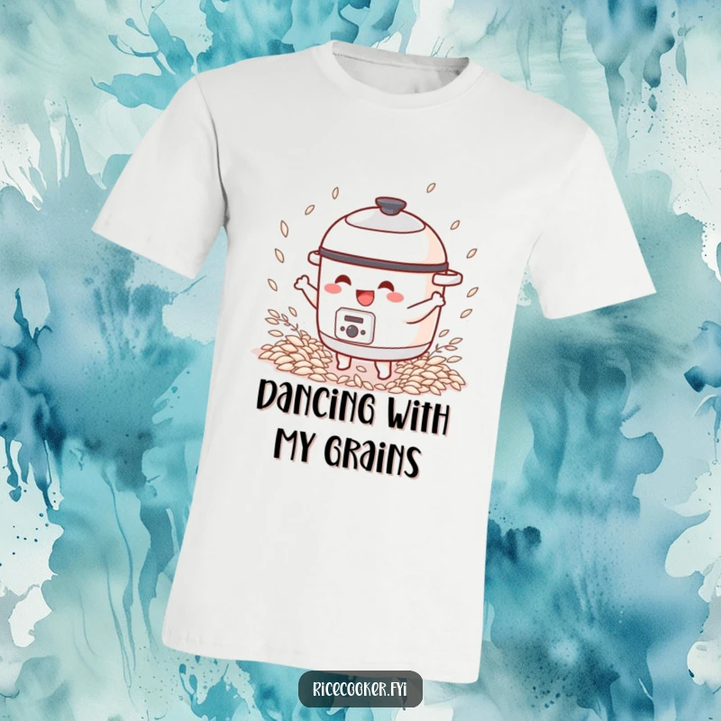 Funny t-shirt with a happy rice cooker character dancing with gusto, surrounded by scattered grains of rice.