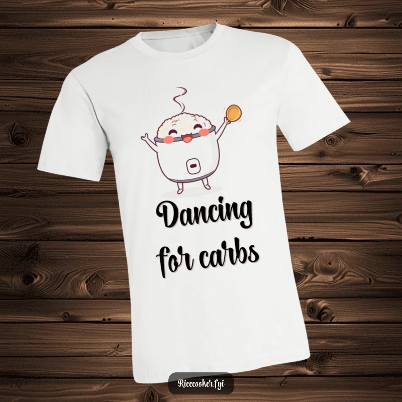 Funny t-shirt with a dancing rice cooker and its ladle twirling enthusiastically, a humorous and energetic design for music lovers.