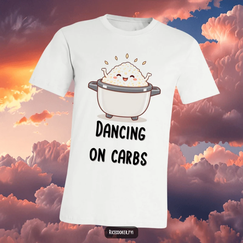 Funny dancing rice t-shirt featuring a cheerful mound of cooked rice performing a lively dance within an open rice cooker.