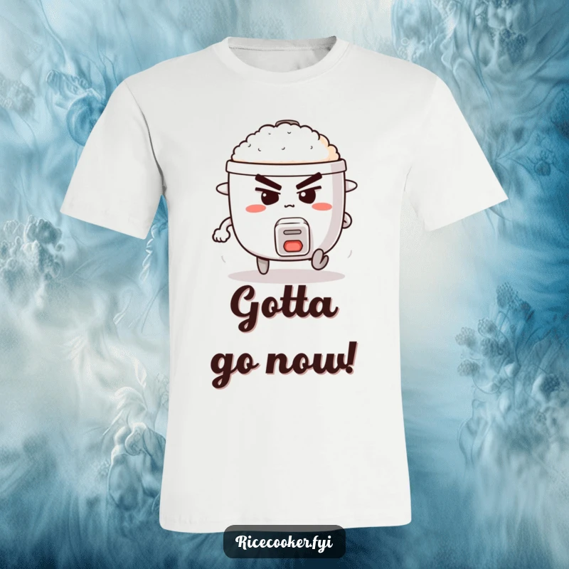 Funny t-shirt with a determined rice cooker shown mid-stride, legs pumping, making a comical attempt to run.