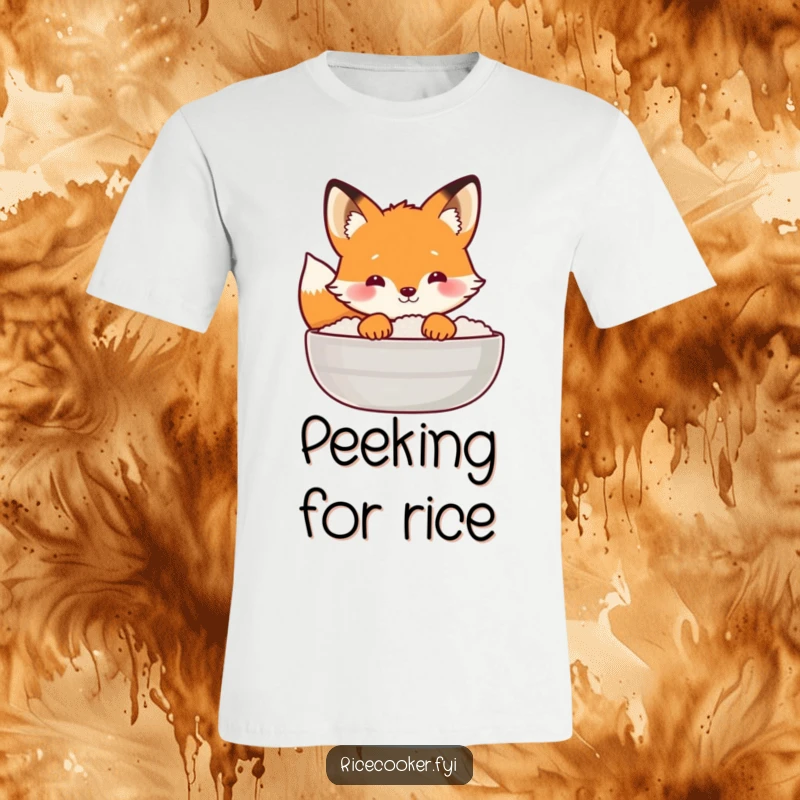 Funny fox t-shirt depicting a curious fox peeking from behind a steaming rice lid, embodying playful inquisitiveness.