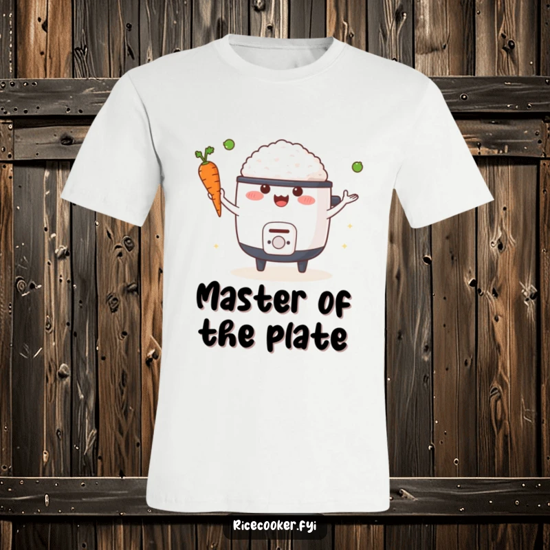 Funny t-shirt displaying a happy rice cooker juggling a carrot and a pea, showcasing culinary skill and humor.