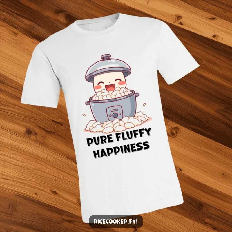 Funny t-shirt with a delighted rice cooker joyfully spilling perfect fluffy rice, a humorous and celebratory design for food lovers.