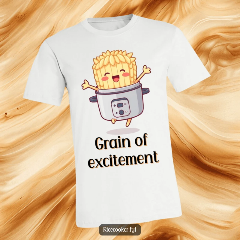 Funny t-shirt graphic of a delighted rice grain character triumphantly jumping out of a rice cooker, radiating pure joy.