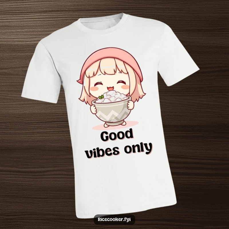 Funny t-shirt depicting a character happily offering a steaming bowl of rice with a gentle, heartwarming smile, conveying kindness.
