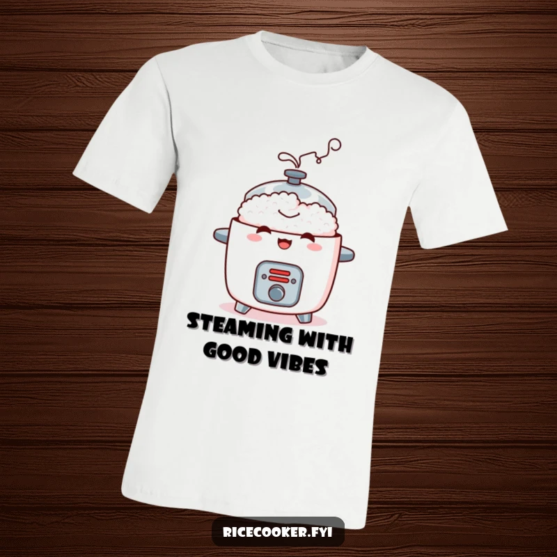 Funny t-shirt with a mischievous rice cooker emitting a puff of contented steam, a humorous and relatable kitchen design.