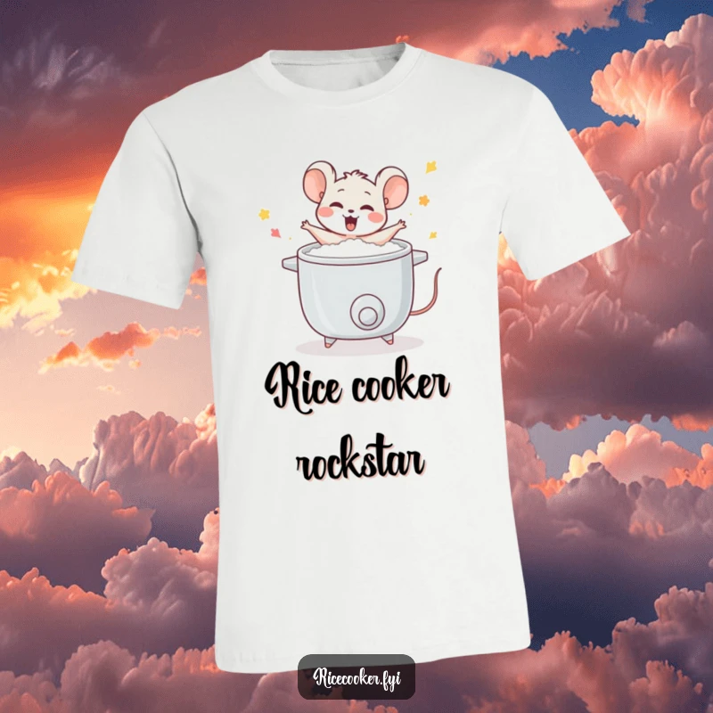 Funny mouse t-shirt, performing a joyful dance around a bubbling rice cooker, celebrating culinary success and happy meals, food celebration design.