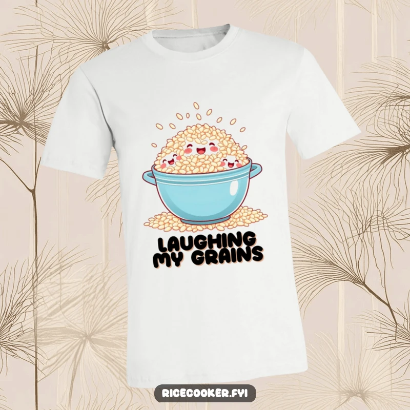 Funny overflowing rice t-shirt featuring a cheerful pot of rice with numerous tiny, happy grain faces laughing heartily.