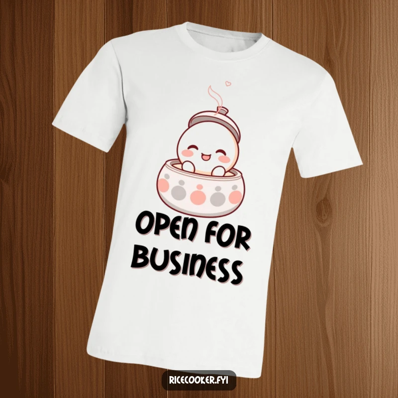 Funny t-shirt featuring a round, smiling character popping its lid open with gentle steam, symbolizing happiness.