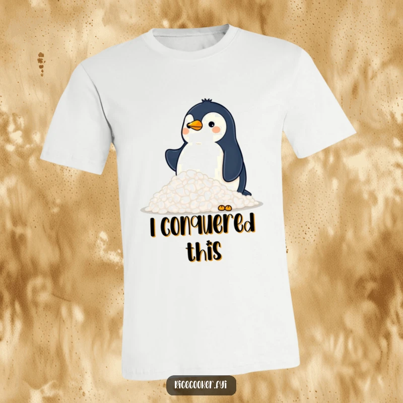 Funny t-shirt featuring a proud penguin standing atop a large mountain of fluffy rice, a comical celebration of food.