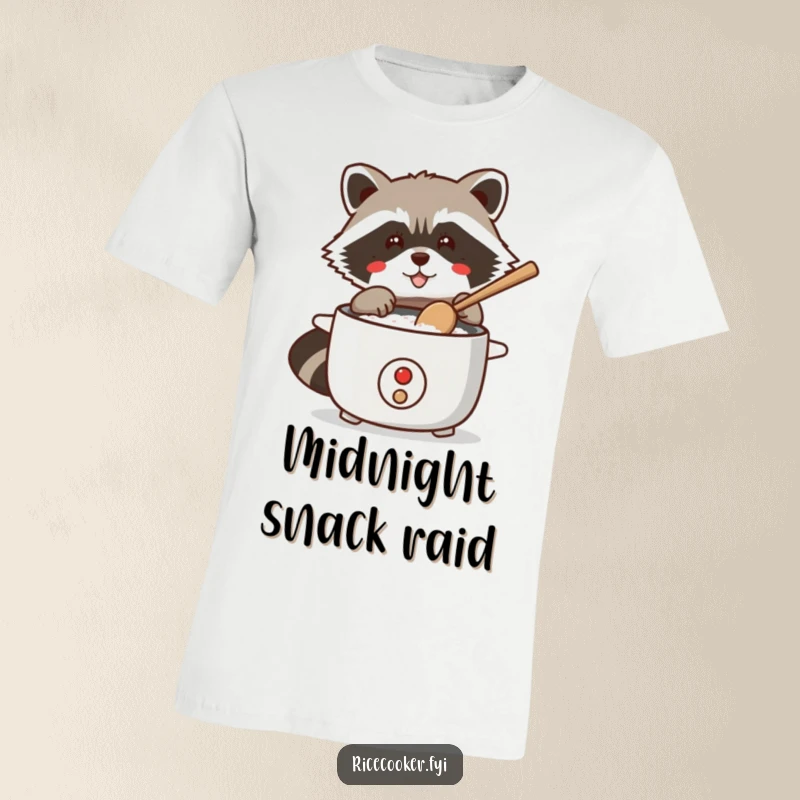Funny t-shirt featuring a mischievous raccoon tapping a rice cooker with a wooden spoon, caught in the act of kitchen hijinks.
