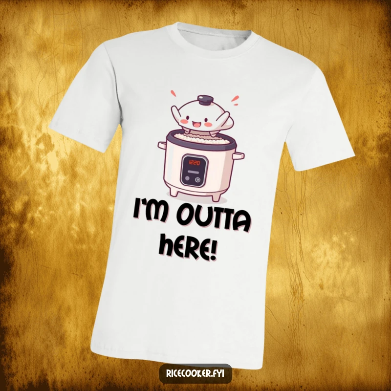 Funny t-shirt with a small rice cooker lid in a dramatic leap, escaping its cooker with anime-inspired urgency and humor.