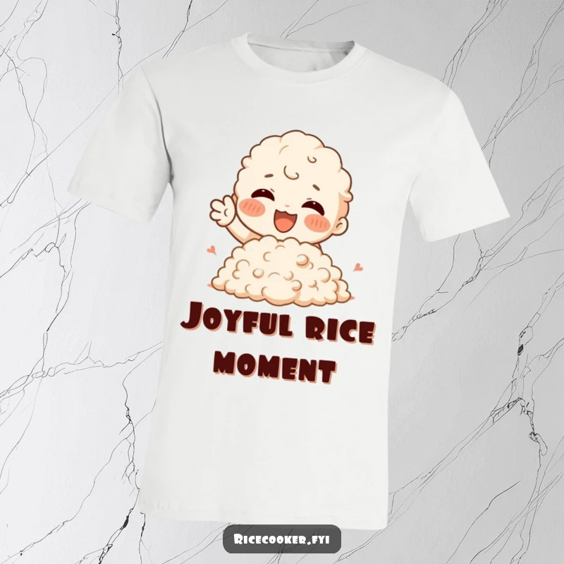 Funny T-Shirt featuring a character enthusiastically gesturing with joy towards a big mound of fluffy rice, celebrating food.