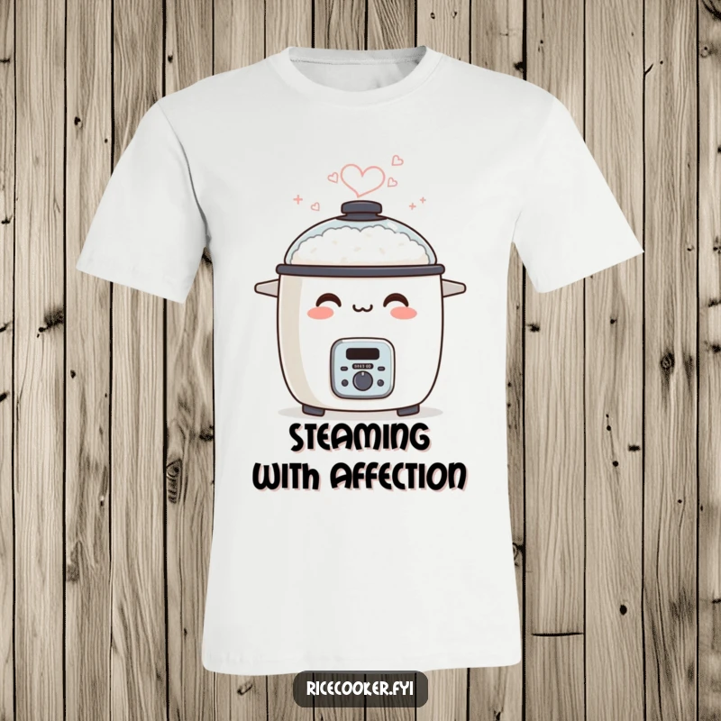 Funny t-shirt depicting a smiling rice cooker with steam elegantly shaped into a heart.
