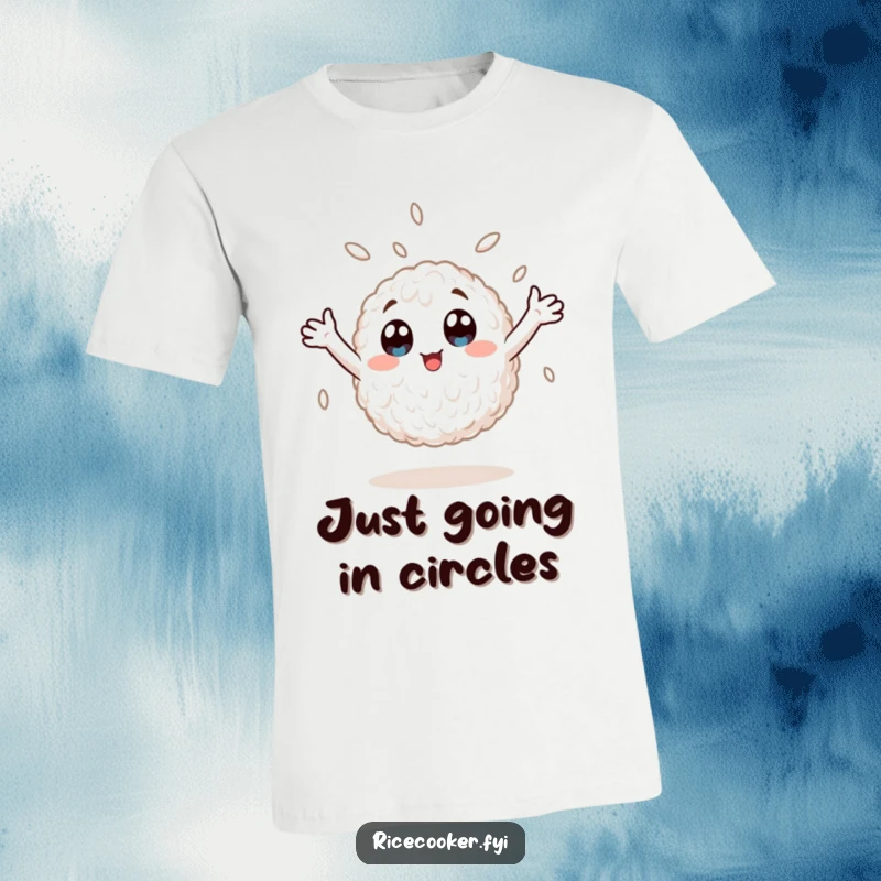 Funny t-shirt with a wide-eyed rice grain spinning wildly, arms thrown up in a joyful, anime-inspired dance of pure delight.