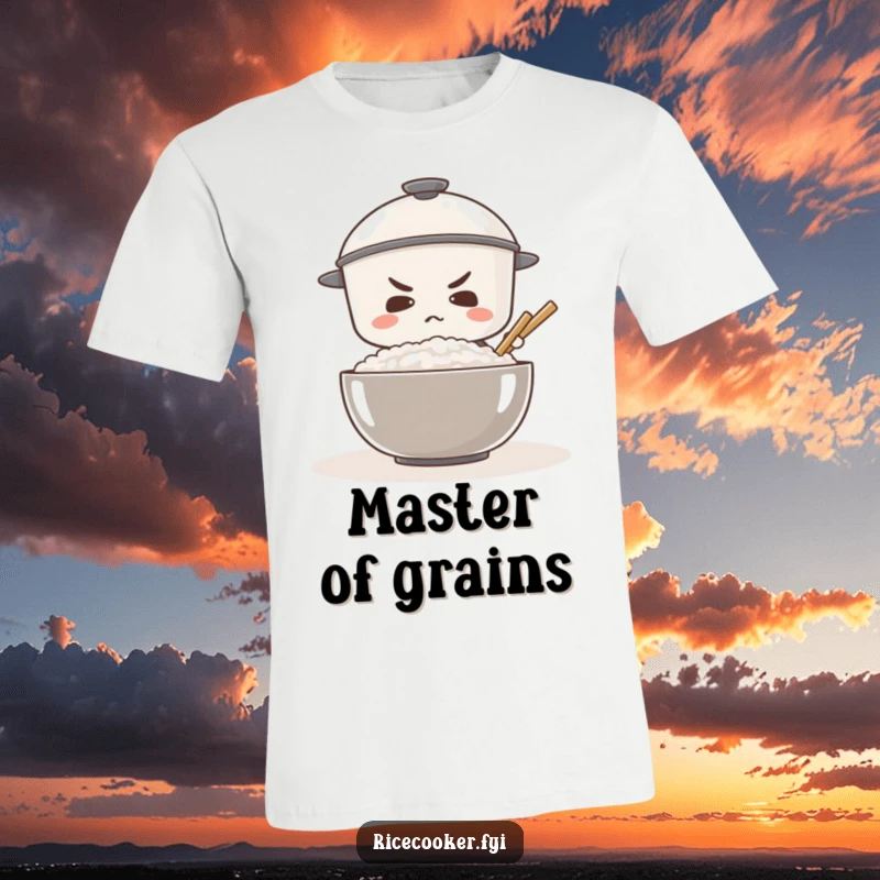 Funny t-shirt featuring a determined rice cooker intensely stirring a giant bowl of rice, showcasing effort.