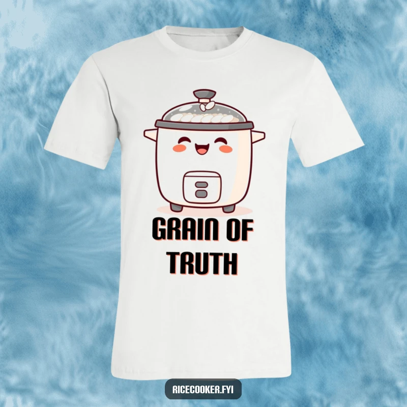 Funny t-shirt showing a joyful rice cooker laughing, with a tiny grain of rice precariously balanced on its spout.