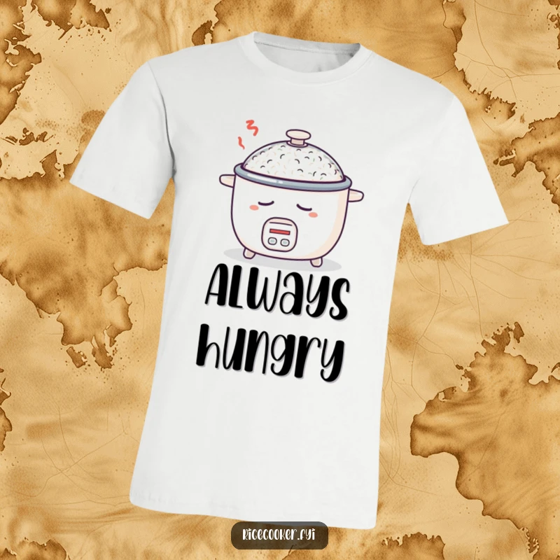 Funny t-shirt with a sleepy rice cooker, lid open, dreaming of overflowing rice, comfortable and humorous apparel.