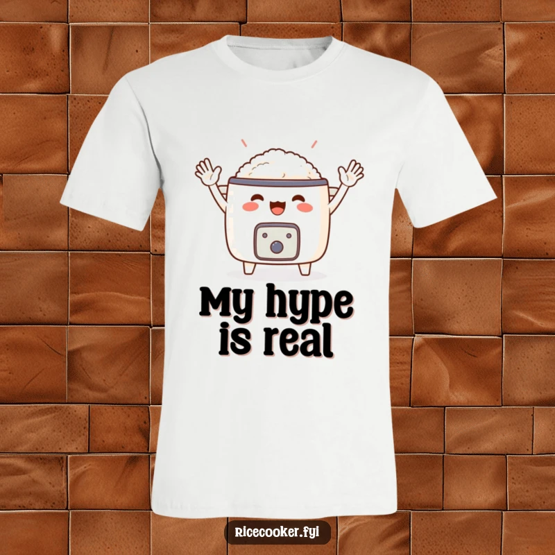 Funny t-shirt showcasing a joyful rice cooker with tiny arms wildly waving, full of excitement. Ideal funny gift for kitchen enthusiasts.
