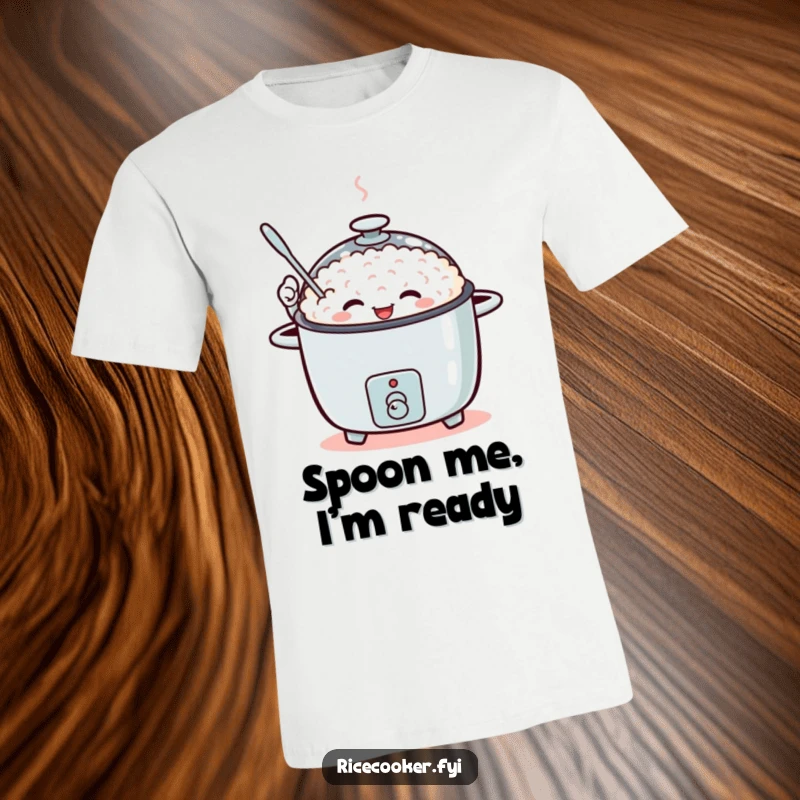 Funny t-shirt depicting a rice cooker enthusiastically waving a small spoon.