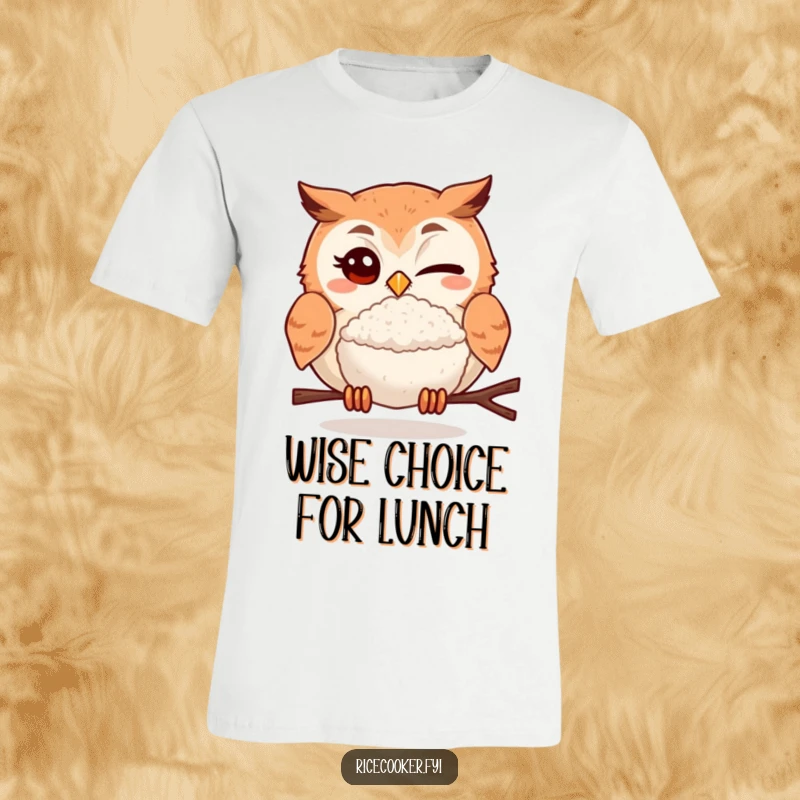 Funny t-shirt featuring a winking owl presenting a tasty rice ball, perfect for those who love Japanese food and humor.