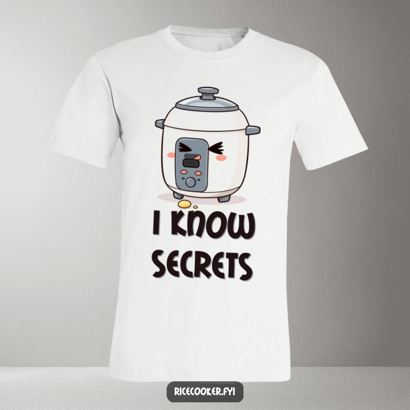 Funny t-shirt depicting a mischievous rice cooker giving a sly wink, a grain of rice escaping. Ideal funny gift for kitchen lovers.