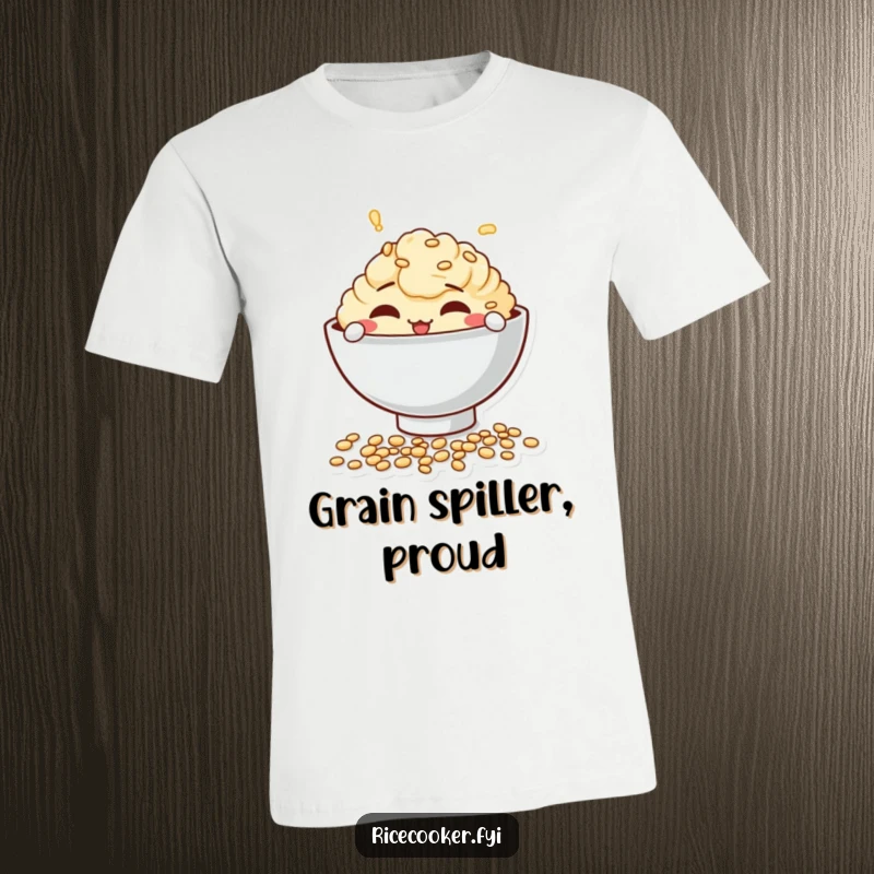 Funny t-shirt graphic of a mischievous bowl character playfully spilling uncooked grains, embodying kitchen fun and slight mess.