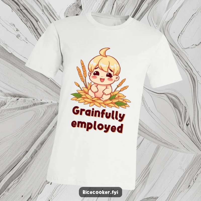 Funny t-shirt featuring a cheerful character sitting happily amidst perfectly cooked grains, representing culinary joy.