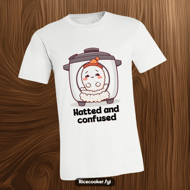 Funny confused rice grain t-shirt depicting a single grain escaping a rice cooker while wearing a small, jaunty hat.