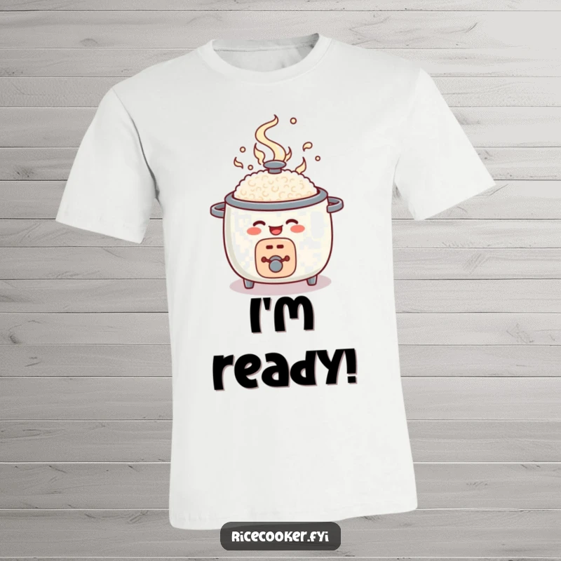 Funny rice cooker t-shirt, round appliance character popping open with steam, humorous clothing gift.