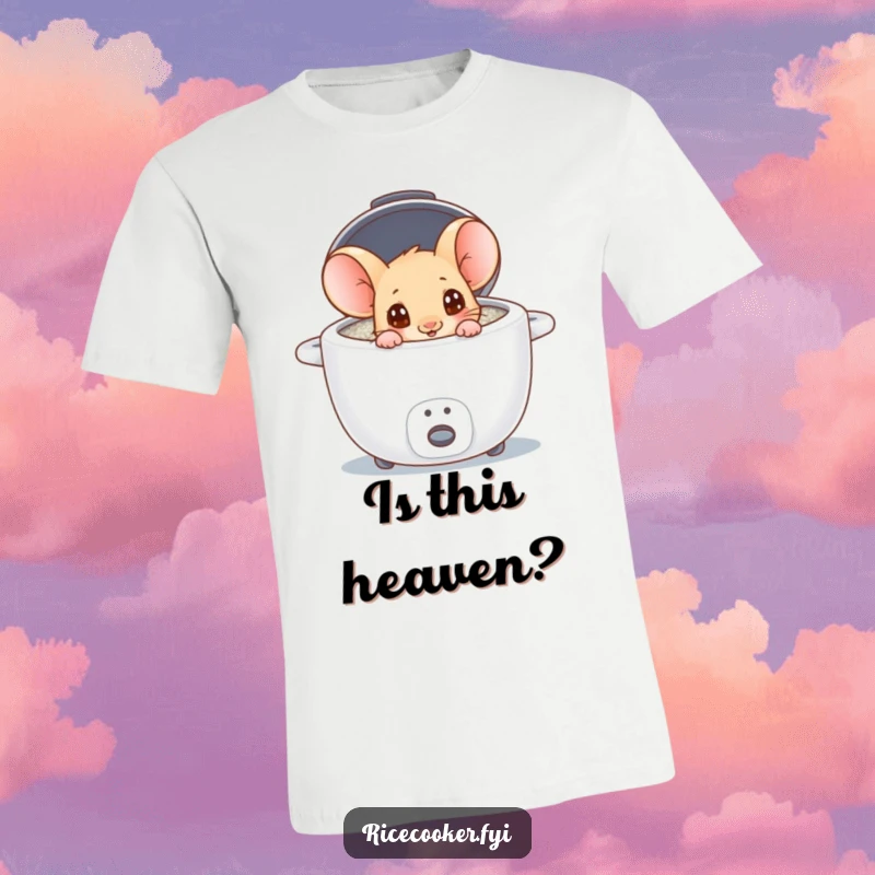 Funny mouse with wide, wondering eyes peeking into a rice cooker, capturing a moment of culinary curiosity.