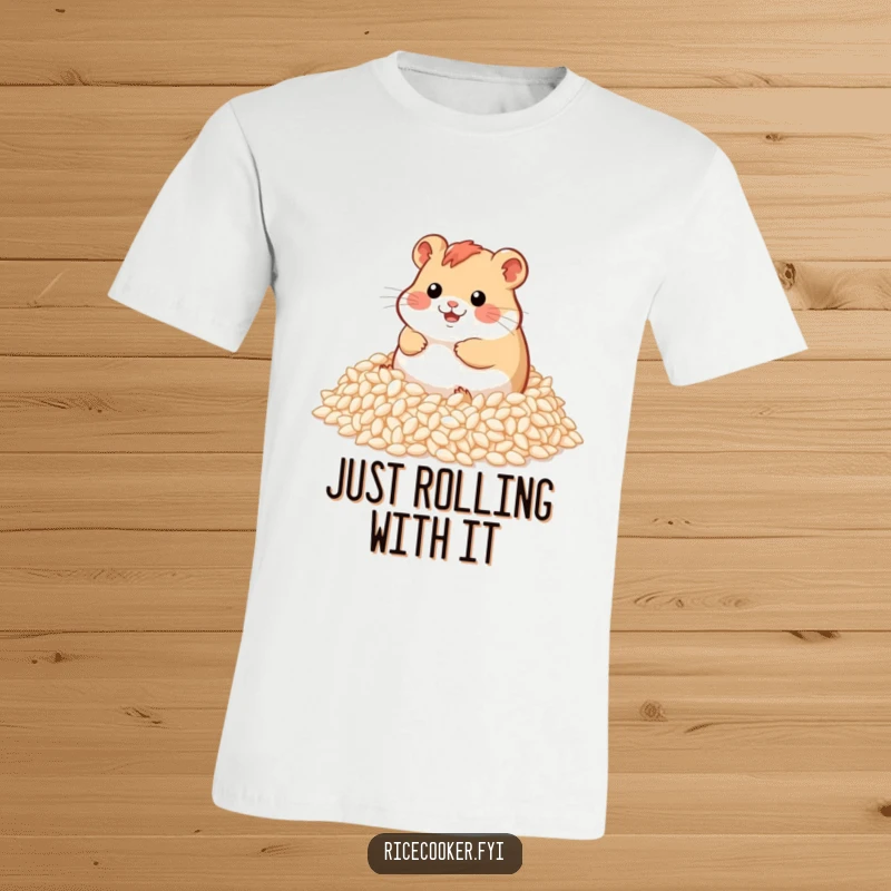 Funny t-shirt showcasing a happy hamster gleefully rolling in a huge mound of fluffy rice grains, radiating pure joy.