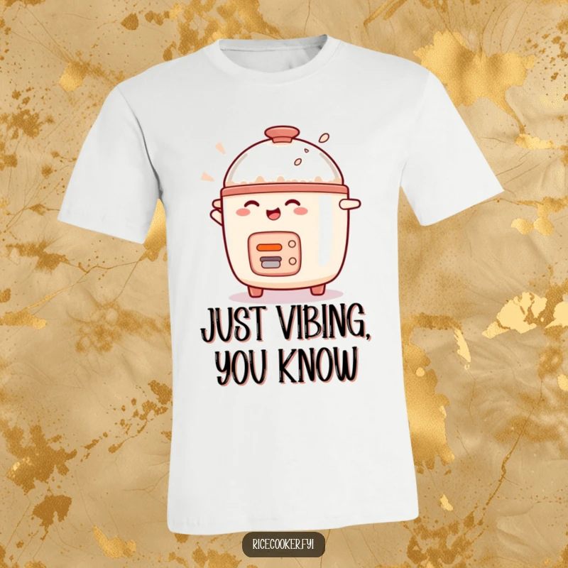 Funny rice cooker character joyfully spinning and dancing, wearing a chef's apron, ideal for cooking enthusiasts.