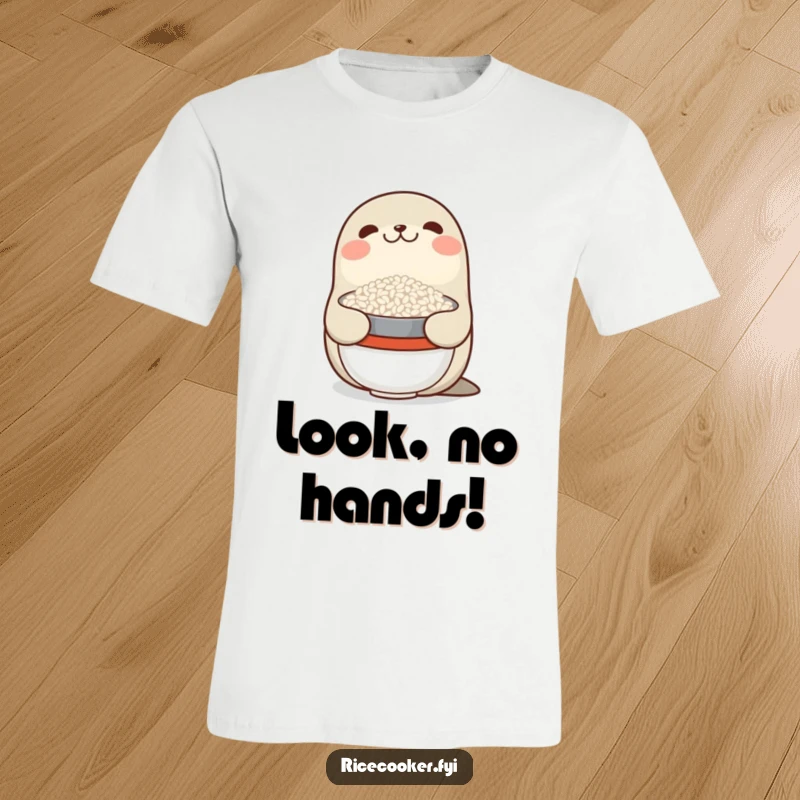 Funny t-shirt featuring a smiling seal balancing a bowl of rice on its nose, a comical display of skill and joy.