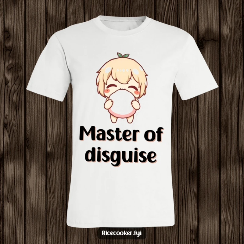 Funny t-shirt depicting a character winking mischievously while presenting a perfectly formed rice ball, full of playful charm.